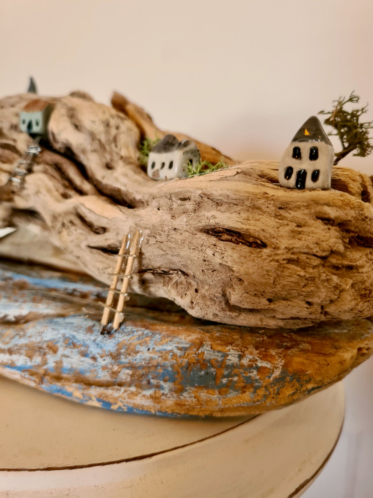 closeup of handmade driftwood art