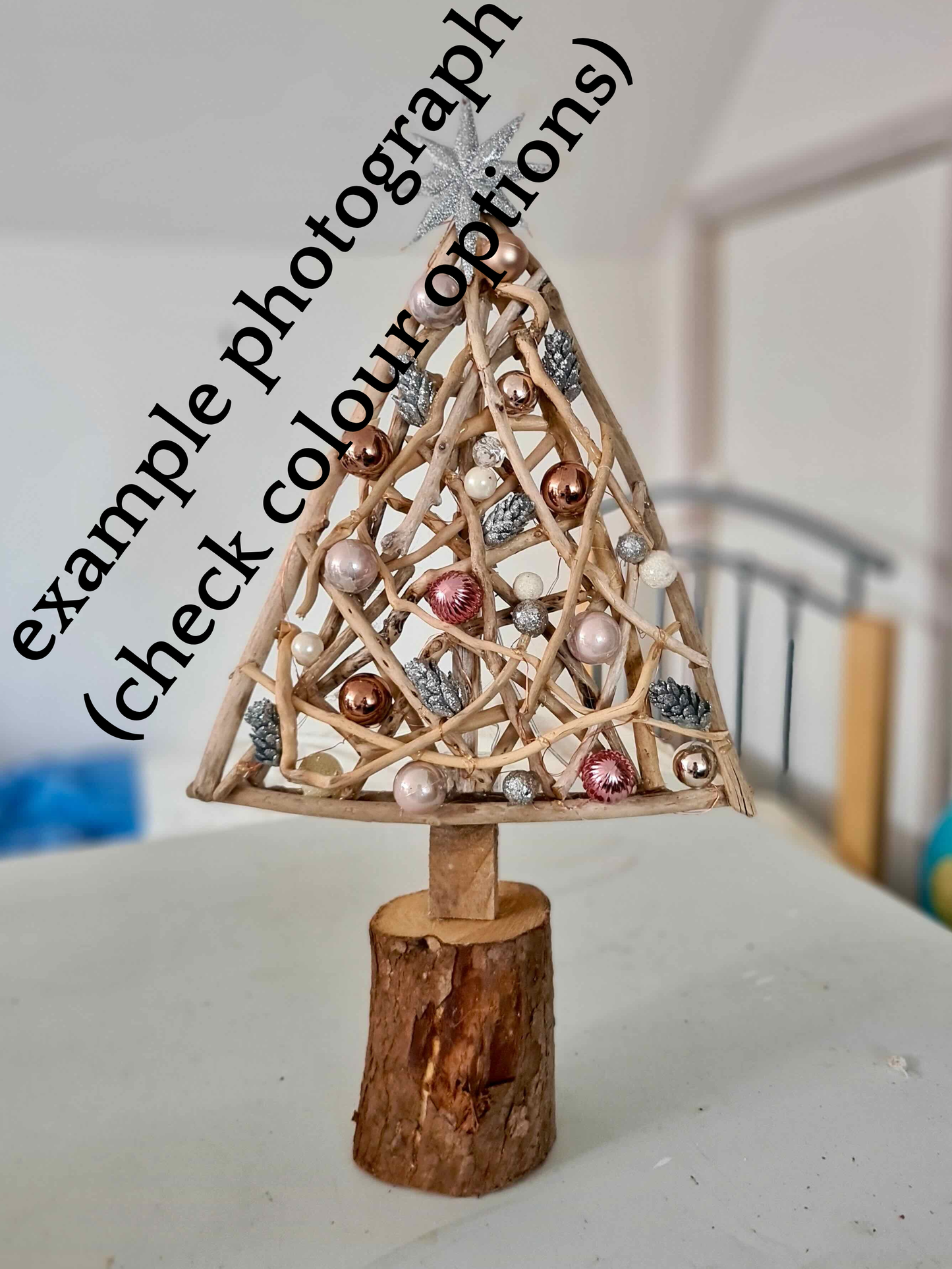 handmade driftwood Christmas tree with lights and decorations