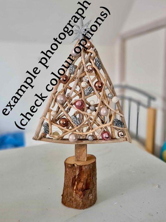handmade driftwood Christmas tree with lights and decorations