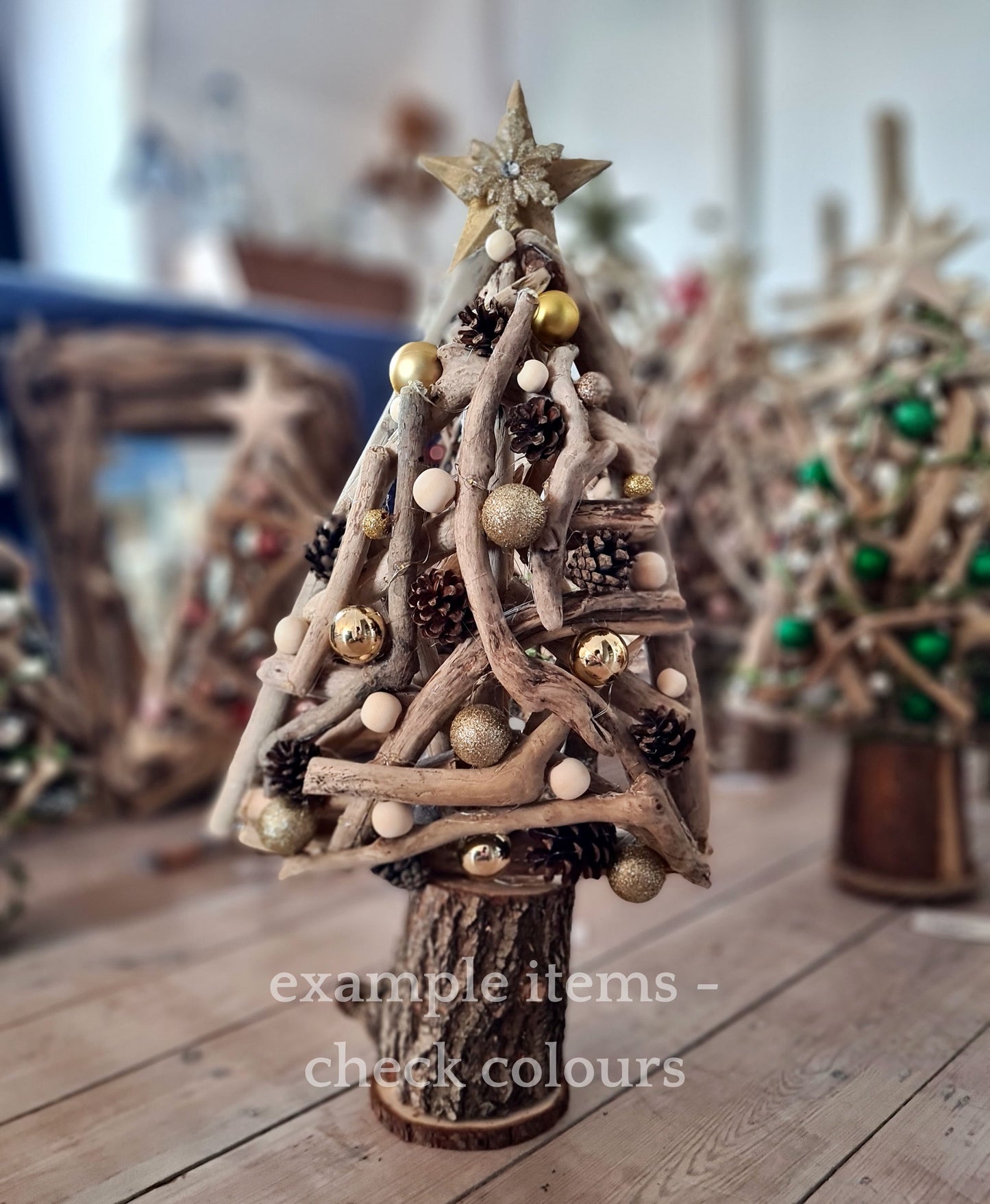 Handmade driftwood Christmas tree decorated with baubles