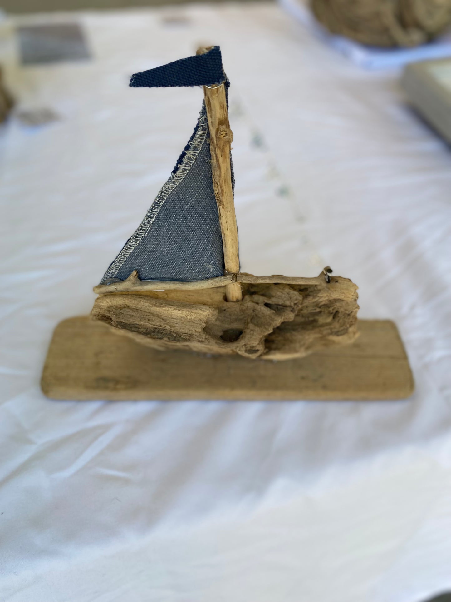 Driftwood Boat w/ Blue Sail