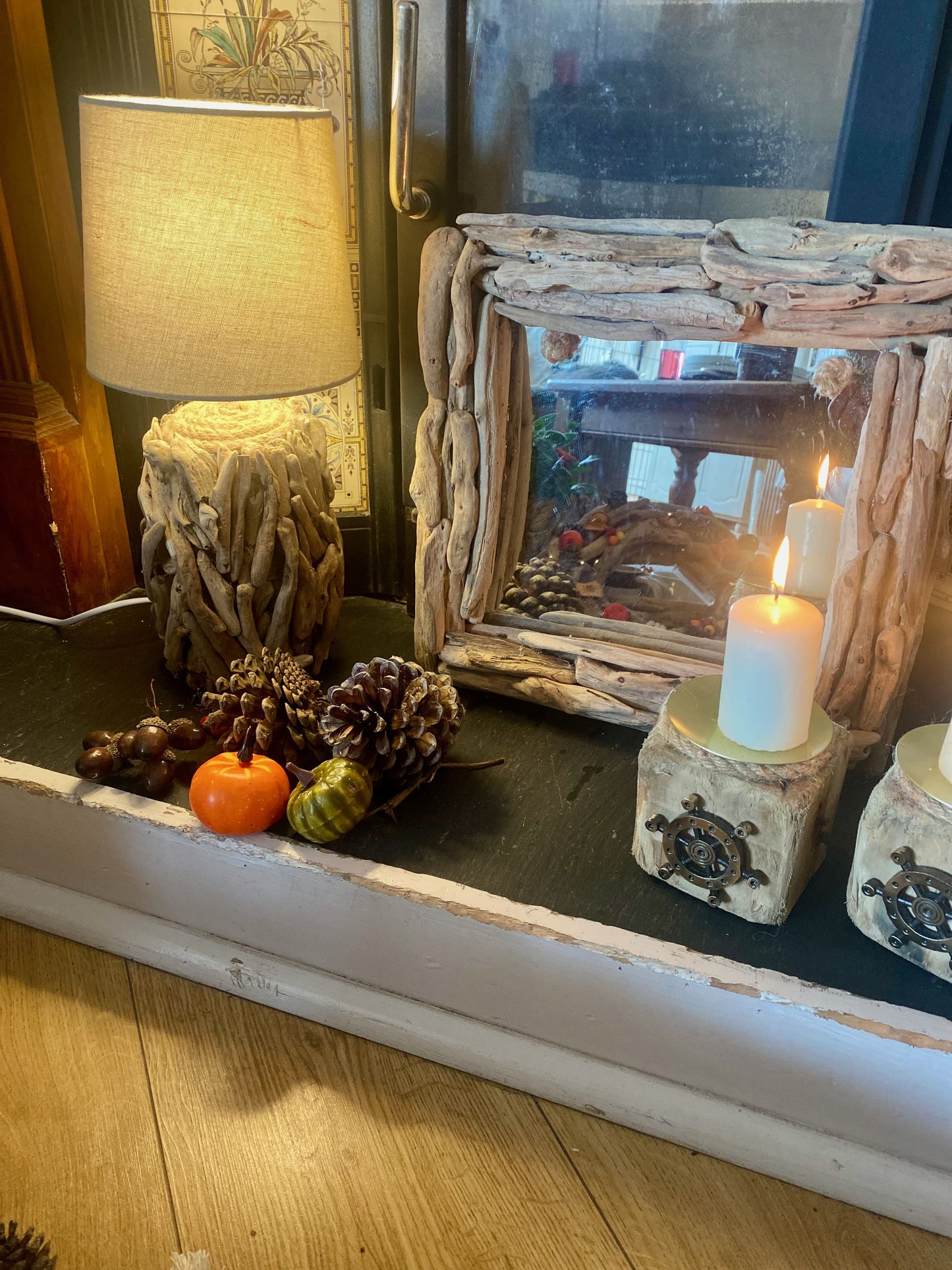 Driftwood mirror, driftwood lamp, driftwood candles