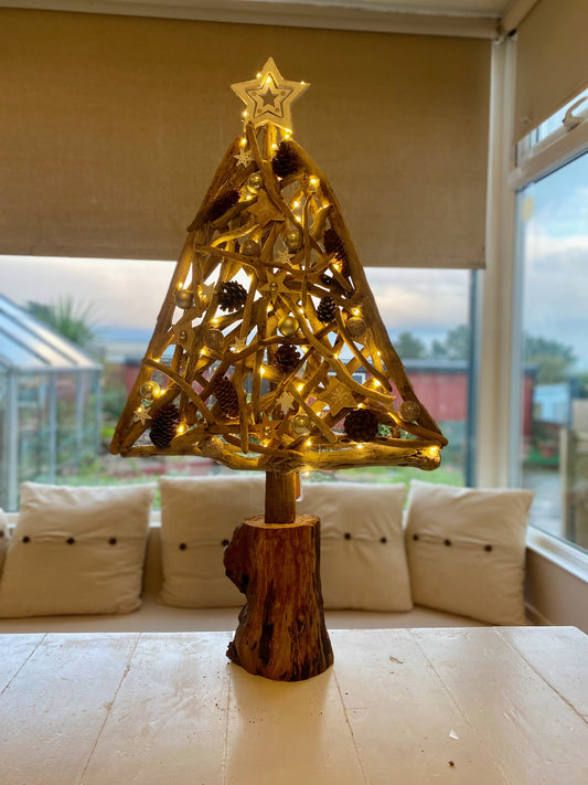 Handmade driftwood Christmas tree with lights
