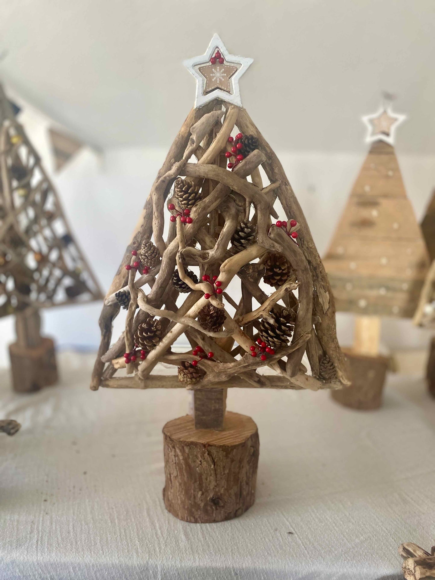 Driftwood Christmas Tree w/ Lights and Pine Cones