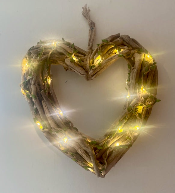 Handmade driftwood wreath (heart shaped) with LED lights