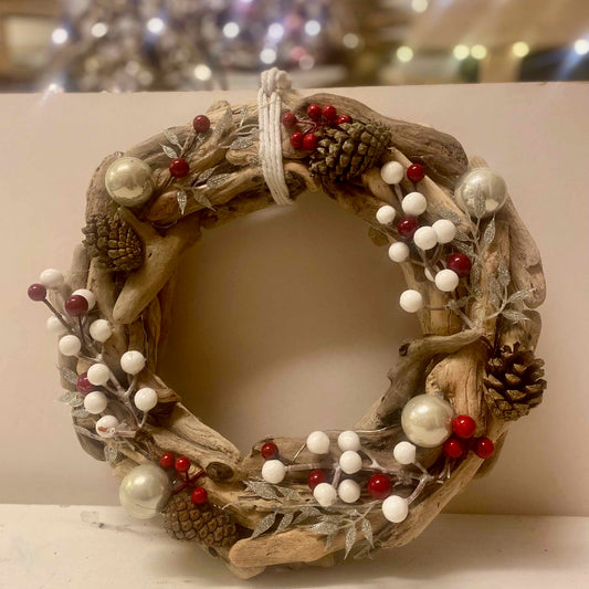 Handmade driftwood Christmas wreath with lights & white, red decorations