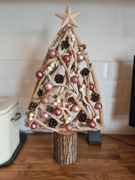 Driftwood Christmas Tree with Rose Baubles & Lights